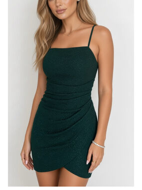 NWT CRYSTAL DOLL Green Metallic Gathered Waist Tulip Hem Lined Dress Size 13